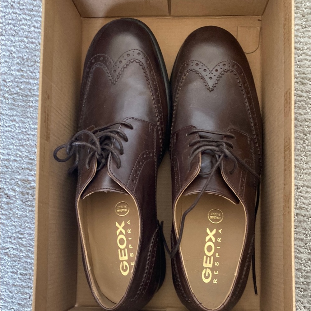 Geox Brown Leather Oxford Shoes with Brogue Detailing